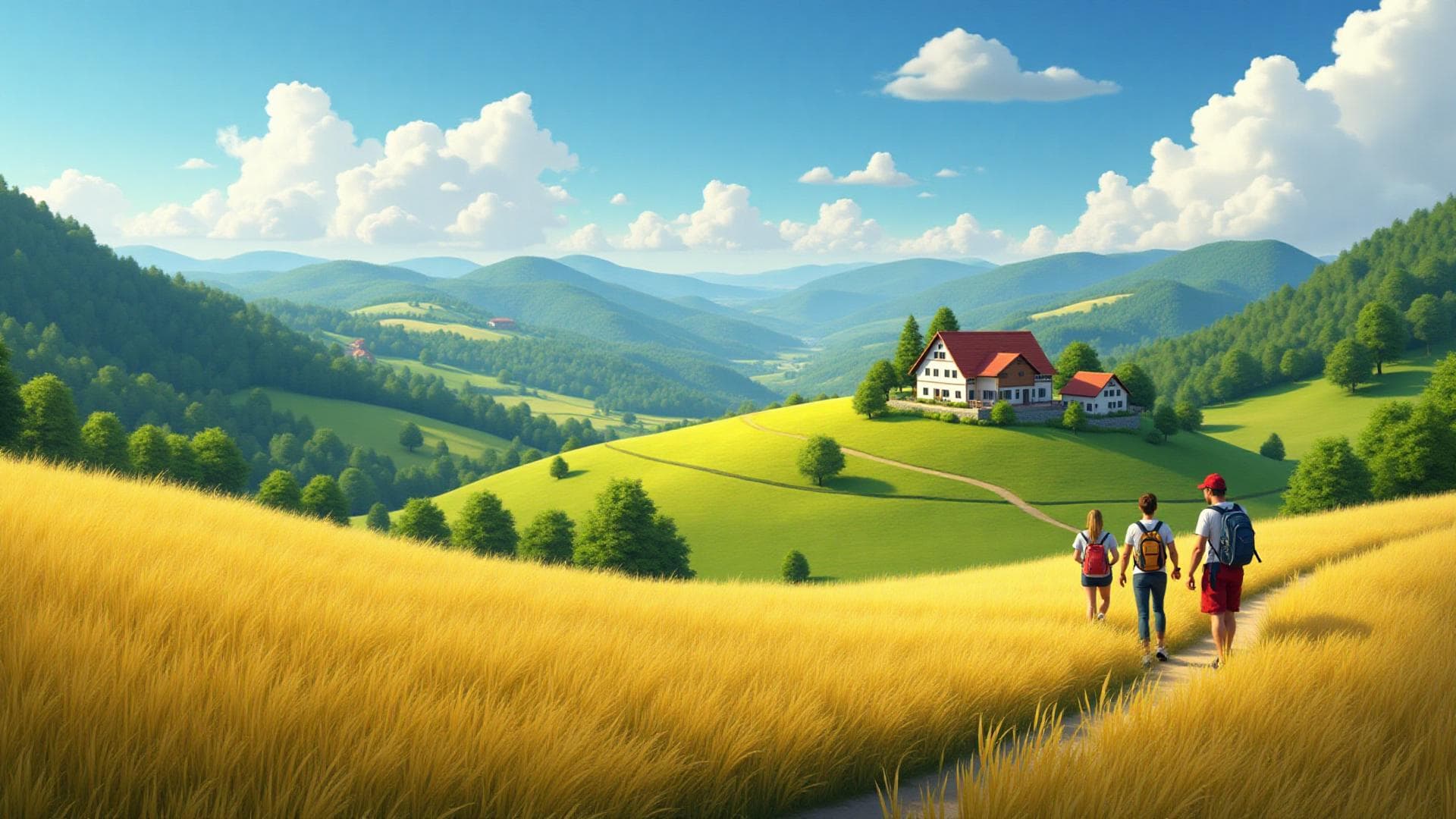 Paisagem rural com campos verdes e turistas